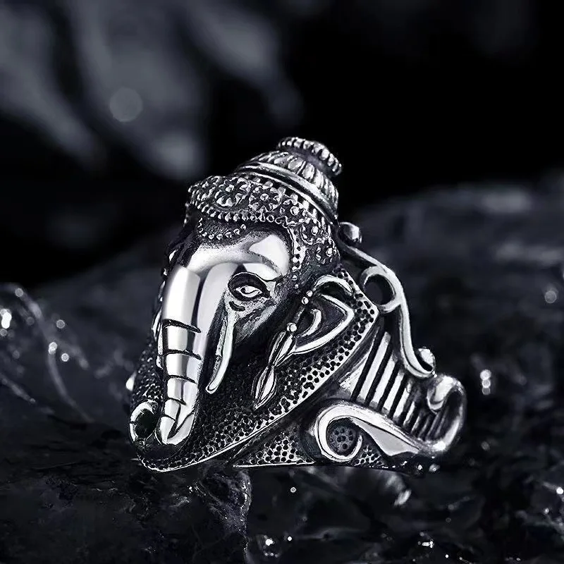 Retro Ganesha Elephant God Ring For Men Silver Color Punk Gothic Open Ring Handmade Designer Jewelry Unisex Hindu Accessories