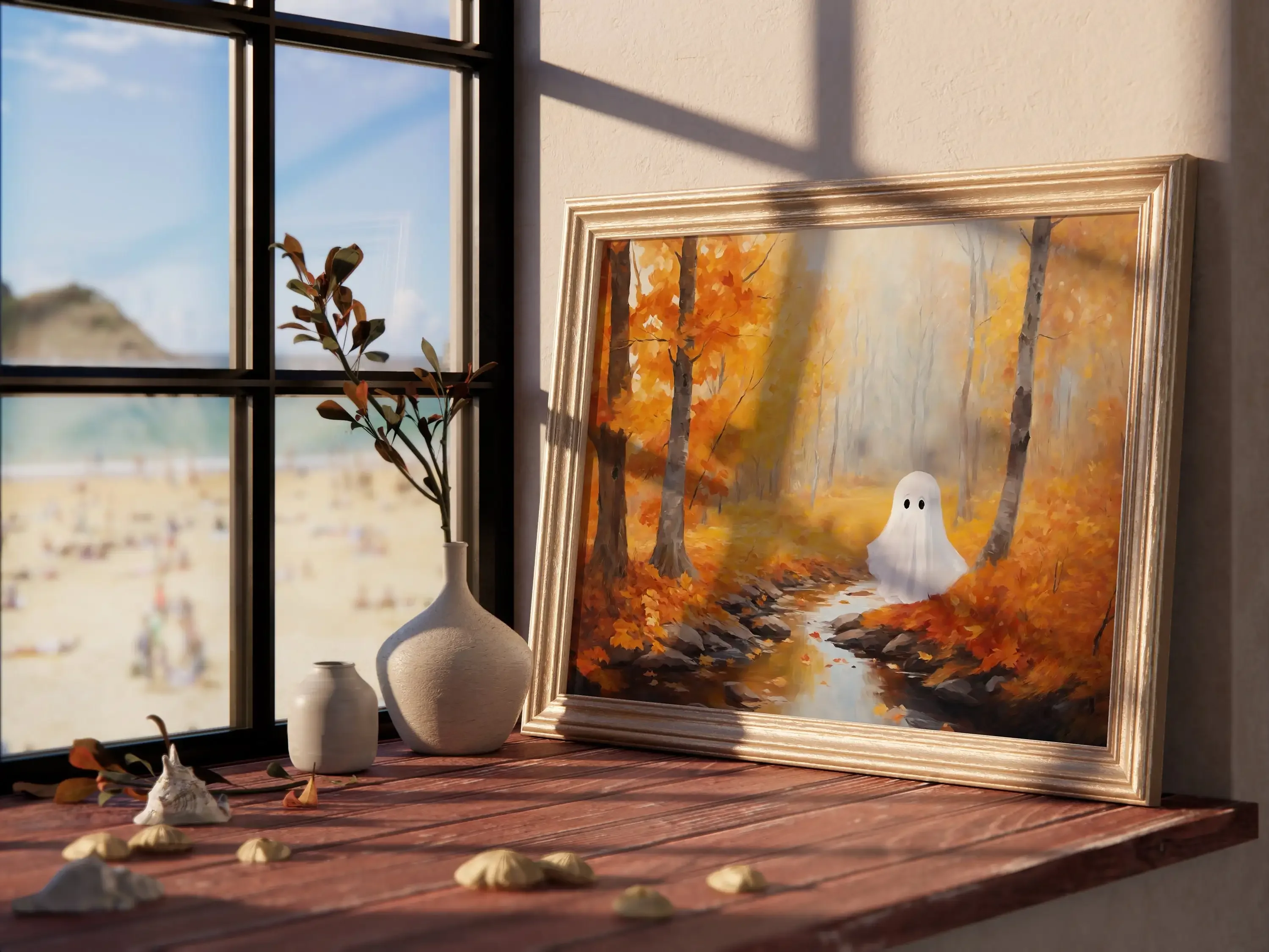Frameless canvas paintings,Cute Ghost Fall Decor Halloween Prints Poster Rustic Autumn Landscape Canvas Wall Art Vintage Hallowe