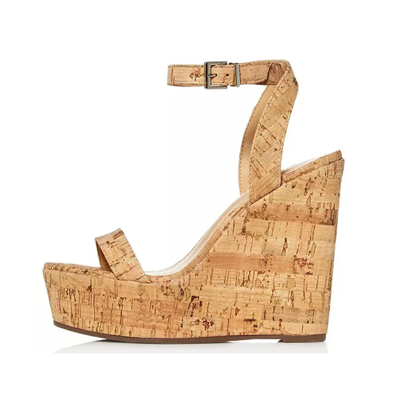 

Arden Furtado Summer Wood grain leather Open toe Round toe Platform Super high heel Belt buckle Wedges word-cingulate Sandals