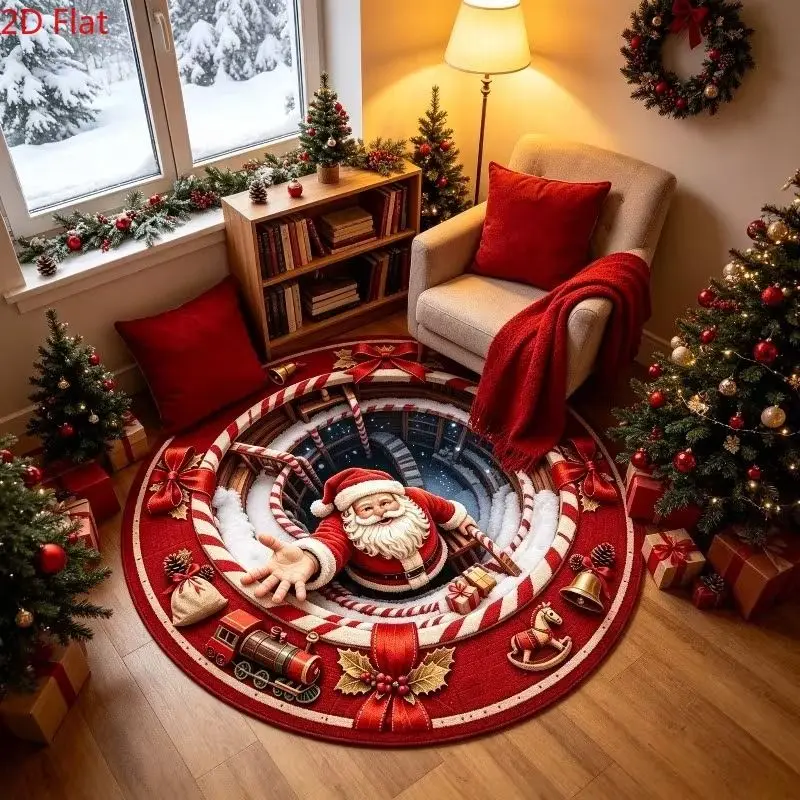Santa Claus Cutout Round Rug, 2D Printed Plush Carpet, Non-Slip Soft Living Room Mat, Funny Christmas Home Decor