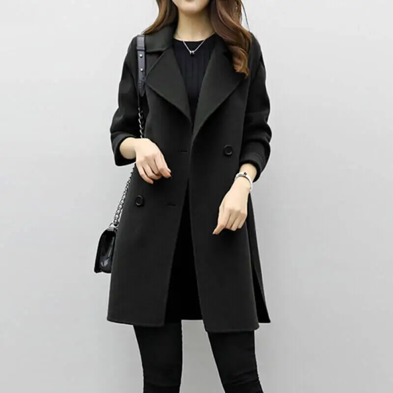 

Autumn Winter Women's Casual Faion Coat Jaet Straight Tube Sle Long Sve Suit Collar Double Button Pure Color