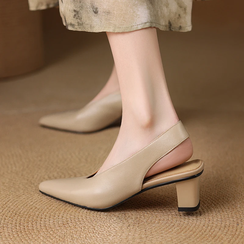 Women Pumps Med Heel Slingbacks Shoes Sheepskin Slip On Sandals Pointed Toe Handmade Genuine Leather Ladies Dress Apricot Shoes