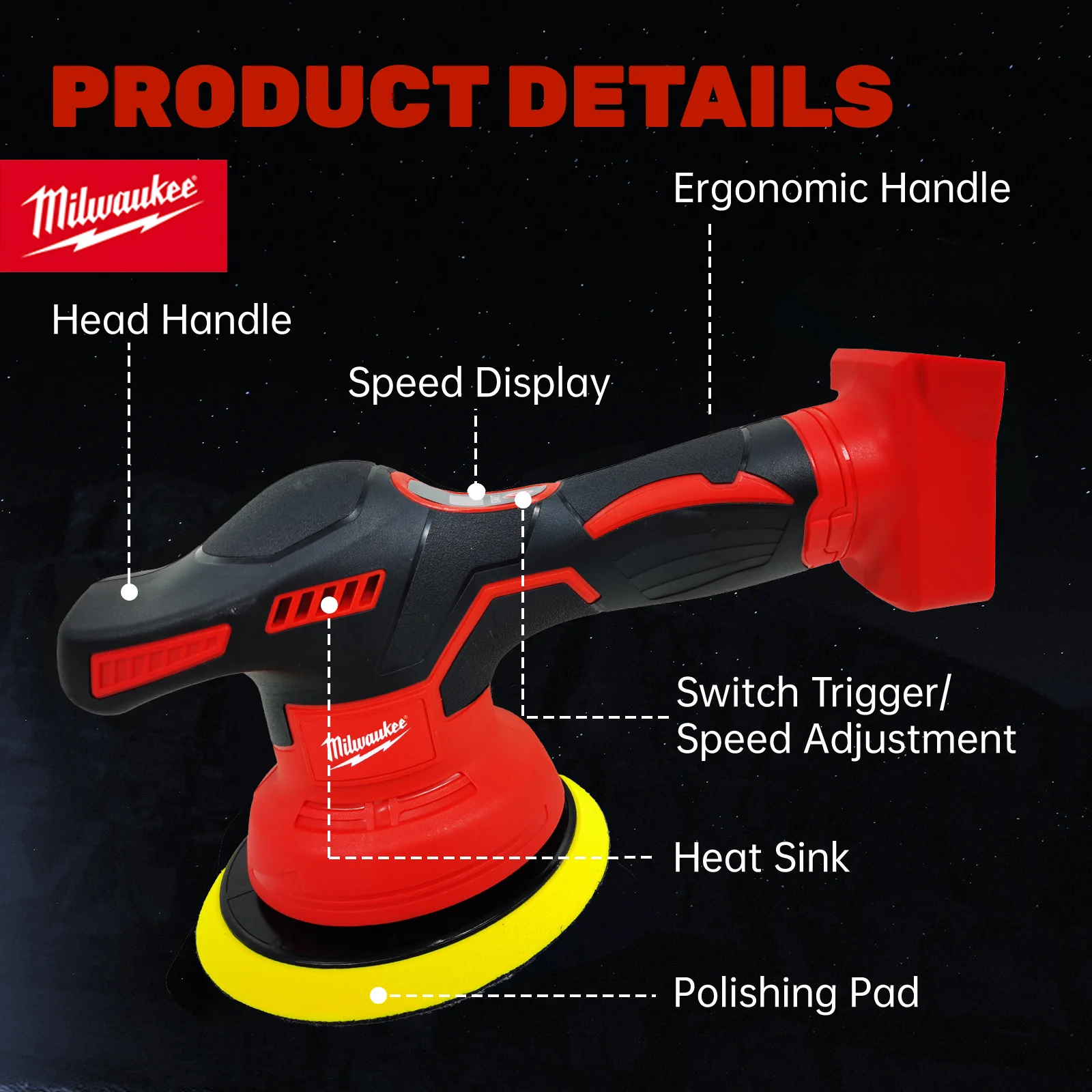 Milwaukee draadloze autobufferpolijstmachine voor Milwaukee 18V batterij met 8 variabele snelheden tot 5000 RPM voor autodetaillering waxen