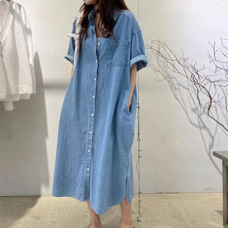 Loose Korean Style Denim Short Sleeve Long Dress Women's Fashionable Lazy Vintage Slimming Shirt Dress H-Shape Spring Autumn