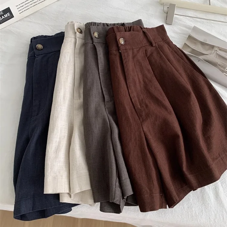 Pantalones cortos de ramio Retro lavados para mujer, pantalones coreanos versátiles en forma de A, de cintura alta, finos, de pierna ancha, de algodón y lino, para verano