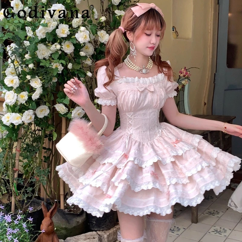 

Female Summer Bow Birthday Party Dress Girl Original Style Sweet Dress Short Sleeve Cute Pink Cake Lolita Dress for Women