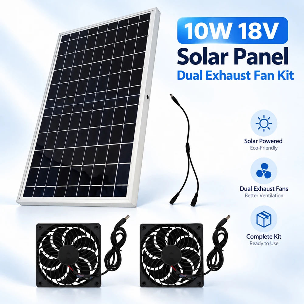 10W Solar Powered Dual Fan Vent Kit Solar Powered Exhaust Fans for Outdoor, Greenhouse, Pet House Shed & Attic Cooling Air Circulator