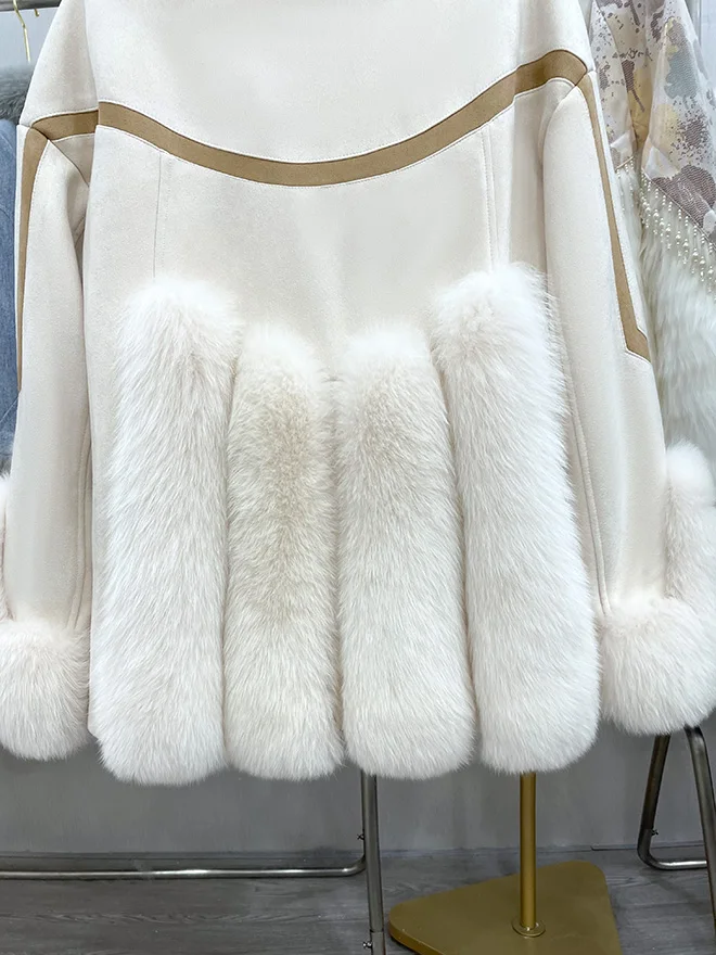 2024 New Real fur,Warm Suede Leather White Duck Down Coat For Women Luxury Real Fox Fur And Leather One Pieces Jacket Female Win