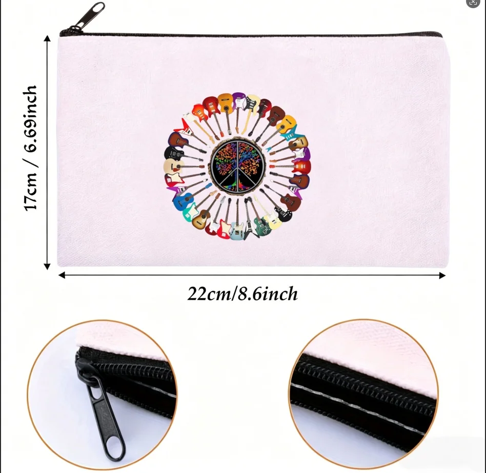 1PC Colorful Guitar Circle Peace Sign Canvas Zipper Pouch Rock Music Lover Instrument Print Makeup Coin Stationery Storage Bag