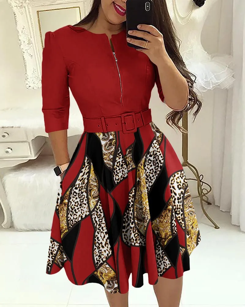 

Fashion Elegant Women's Summer Belt Midi Dress Baroque Leopard Print Dresses For Women 2023 Ziper Casual Office Ladies Dress