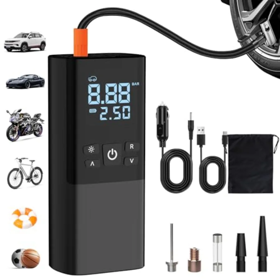 

Tire Inflator Portable Air Compressor 150 PSI Air Pump for Car Tires with Digital Tire Pressure Gauge LED Lights Cordless Tire