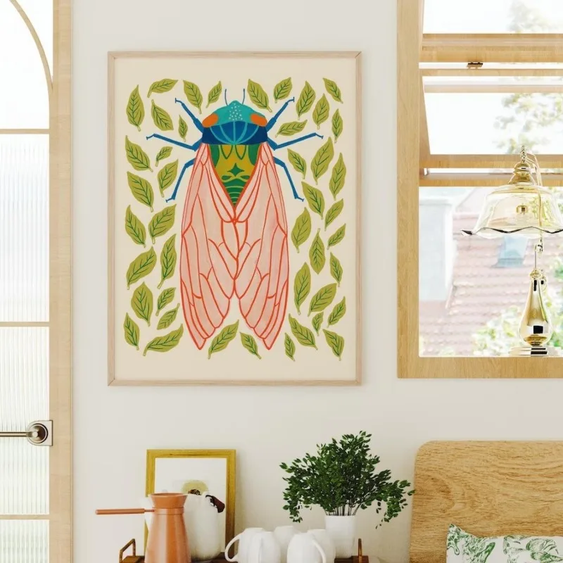 (No frame)Botanical Cicada Wall Art | Vibrant Bug Archival Print | Kid Friendly Art Home Decor Frameless Canvas Art Wall Deco
