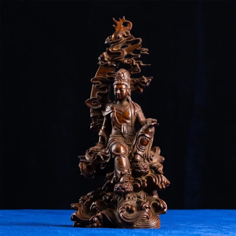 Elegant Wood-Finished Water and Moon Sculpture, Kuan Yin Sculpture, Exemplifying Classical, Handicraft,Exclusive Brown Wood