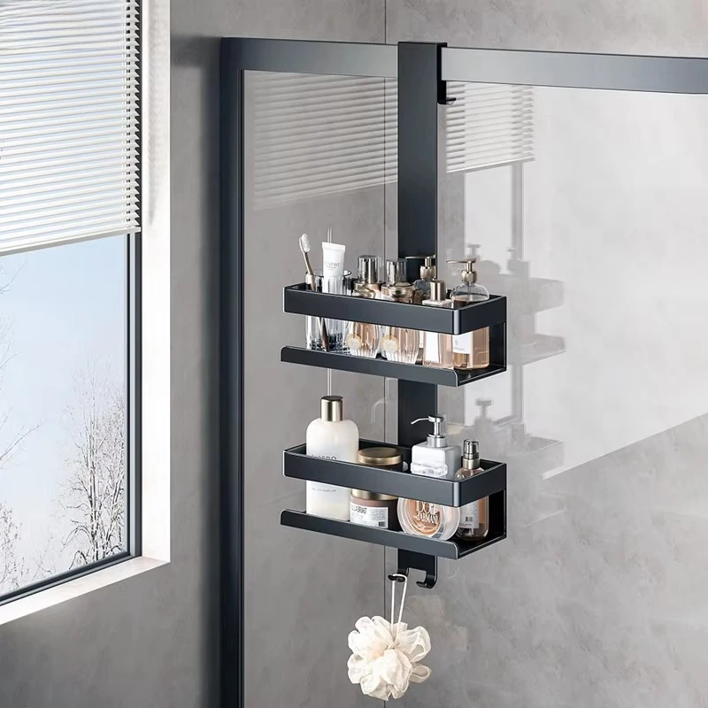 

Black Double Wall Mounted Glass Door Hanger with Hooks, Bathroom Stainless Steel Storage Rack Hanger