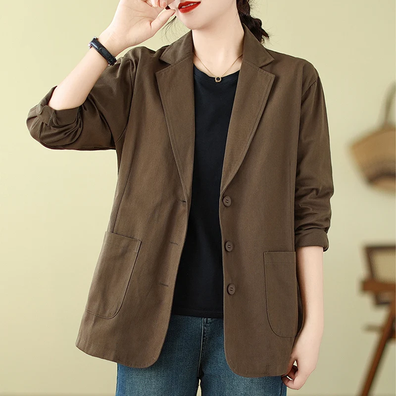 Office Lady Solid Simple Cotton Suit Jackets 2024 New Autumn Elegant Fashion Long Sleeve Slim Cardigan Tops for Women