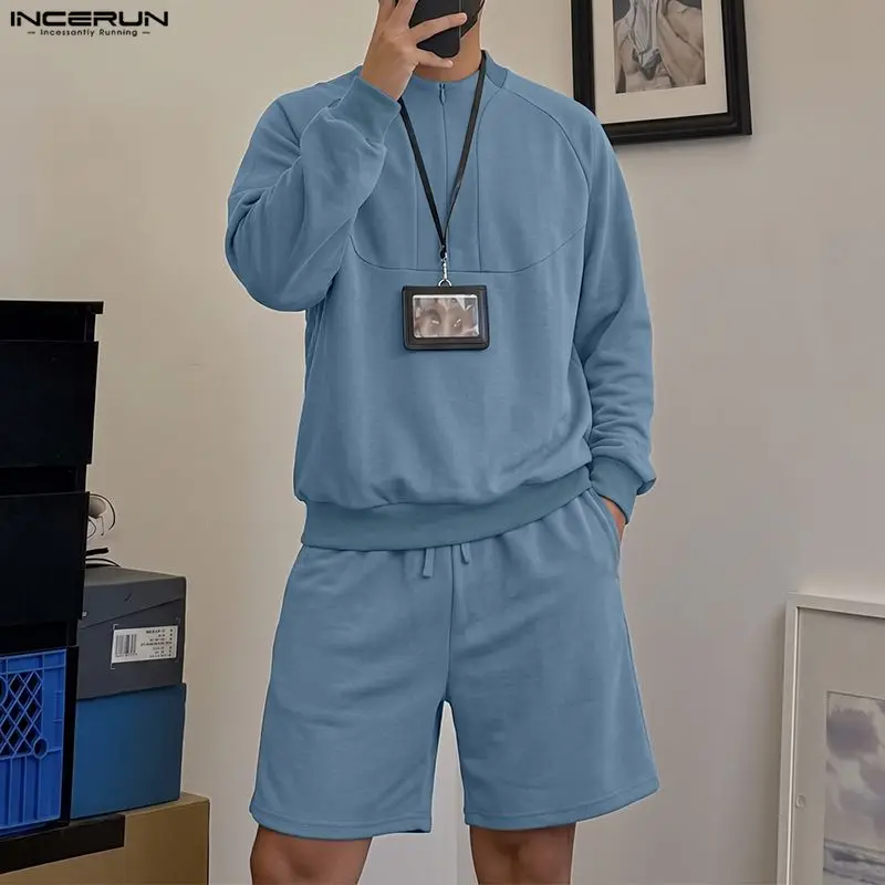 Ensembles INCERUN pour hommes, couleur unie, coupe ample, sweat à capuche à manches longues avec fermeture éclair et short, ensembles deux pièces, streetwear, style décontracté, ensembles assortis pour hommes