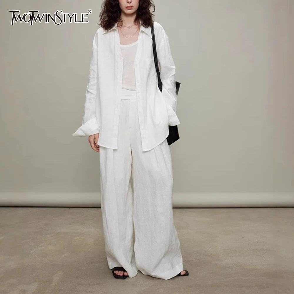 

TWOTWINSTYLE Solid Spliced Pocket Two Piece Set Female Lapel Long Sleeve Shirt Normcore Casual Women's Trousers Set New Fashion