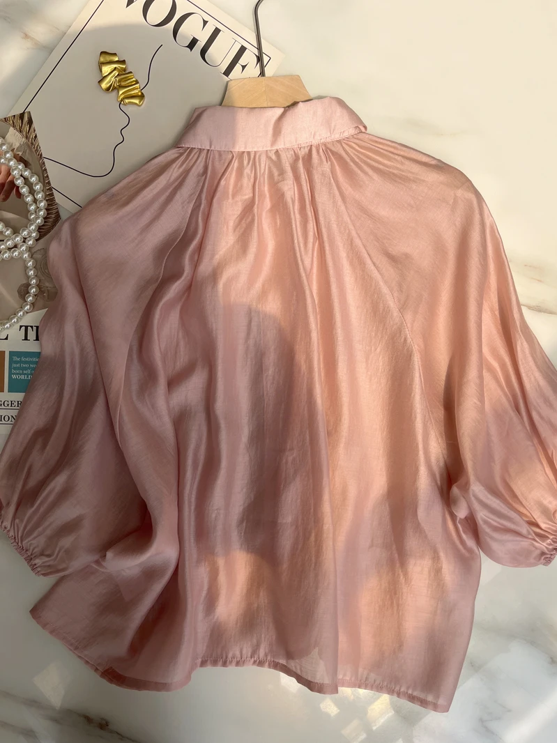 أزياء الصيف الحلو نفخة الأكمام الوردي بيتر بان طوق قمصان الحرير الاصطناعي الربيع أنيقة شيك الأميرة قميص خمر قمم #3