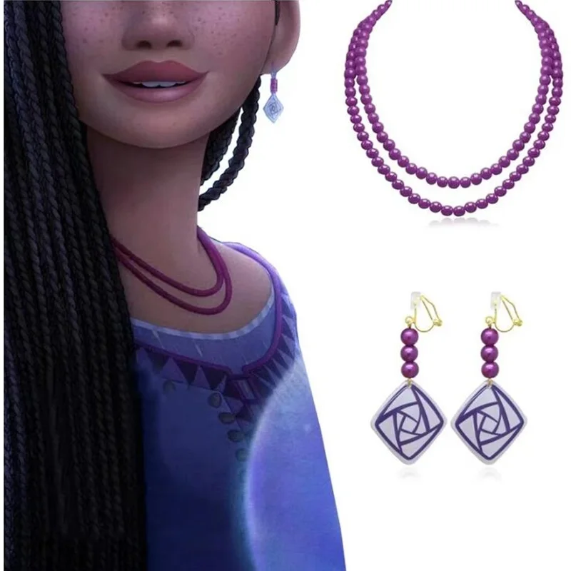 New Movie Wish Asha Princess Accessories for Girls Cosplay Purple Jewelry Necklace Earring Set Carnival Party Xmas Gifts