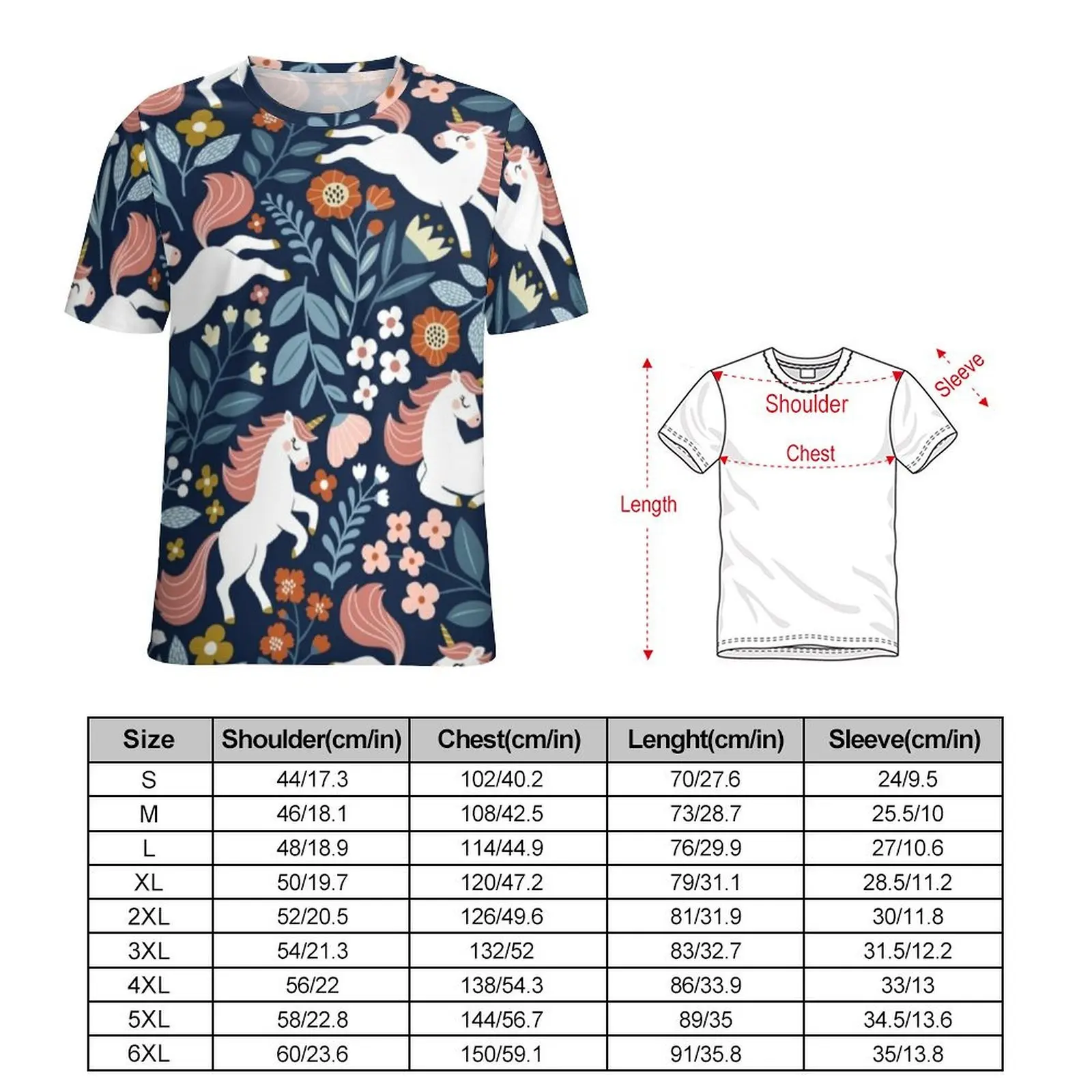 Cute Unicorn T Shirt Floral And Leaf Print Harajuku T-Shirts Man Casual Tshirt Summer Short Sleeve Design Clothing Large Size