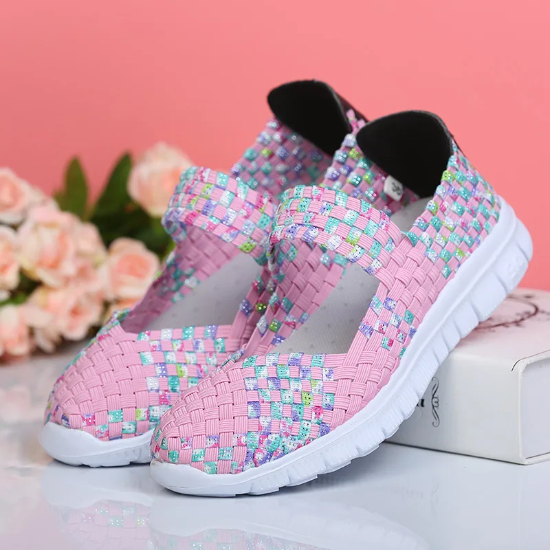 2022 Plus Size 42 Women Hand Woven Shoes Women Shoes Casual Light Elastic Belt Sports Casual Shoes Mesh Breathable Walking Shoes