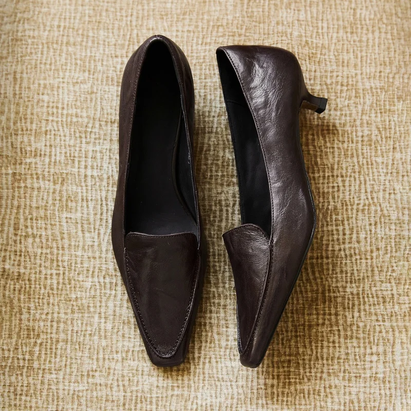 MKKHOU Fashion Pumps New High Quality Genuine Leather Shoes Commuter Women's Heels Shoes Retro Square Head Cat Heels High Heels