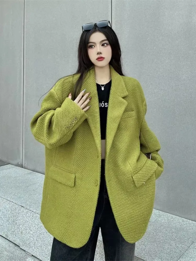 Insozkdg Mustard Green Woolen Women Jackets 2024 New Autumn Winter High-end Sense Loose Mid-length Casual Coat Women Clothing