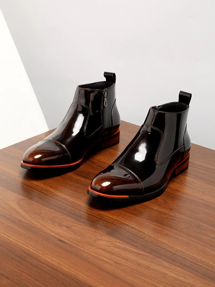 Mens Versatile Three Joint Side Zipper Genuine Leather Mid Top Pointed Toe Advanced Glossy Fashion Boots