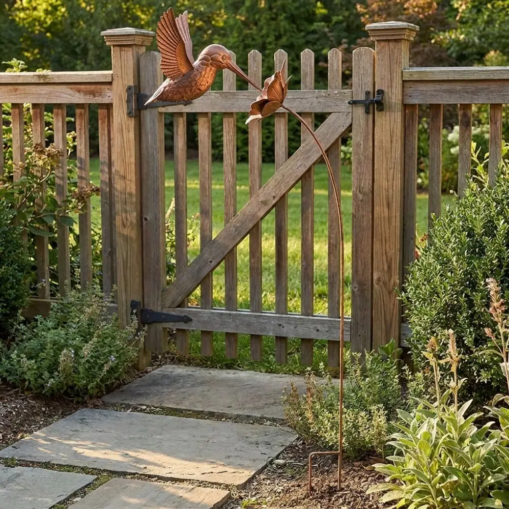 Rusty Metal Texture Hummingbird Garden Stake Vintage Weather-resistant Outdoor Bird Sculptures Metal Garden Decorations