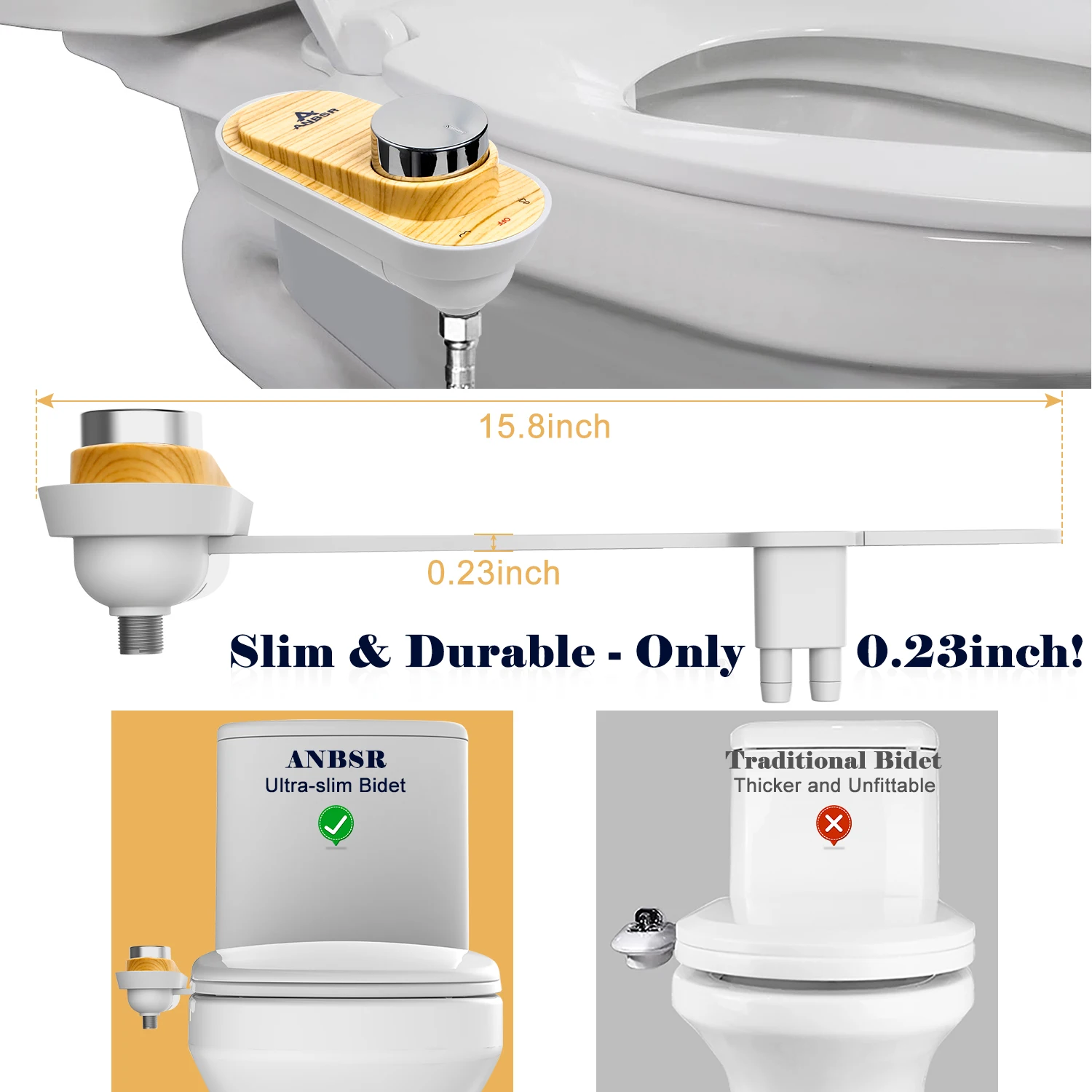 ANBSR Ultra-Slim Bidet Attachment With Non-Electric Dual Nozzle Adjustable Water Pressure Easy to Install