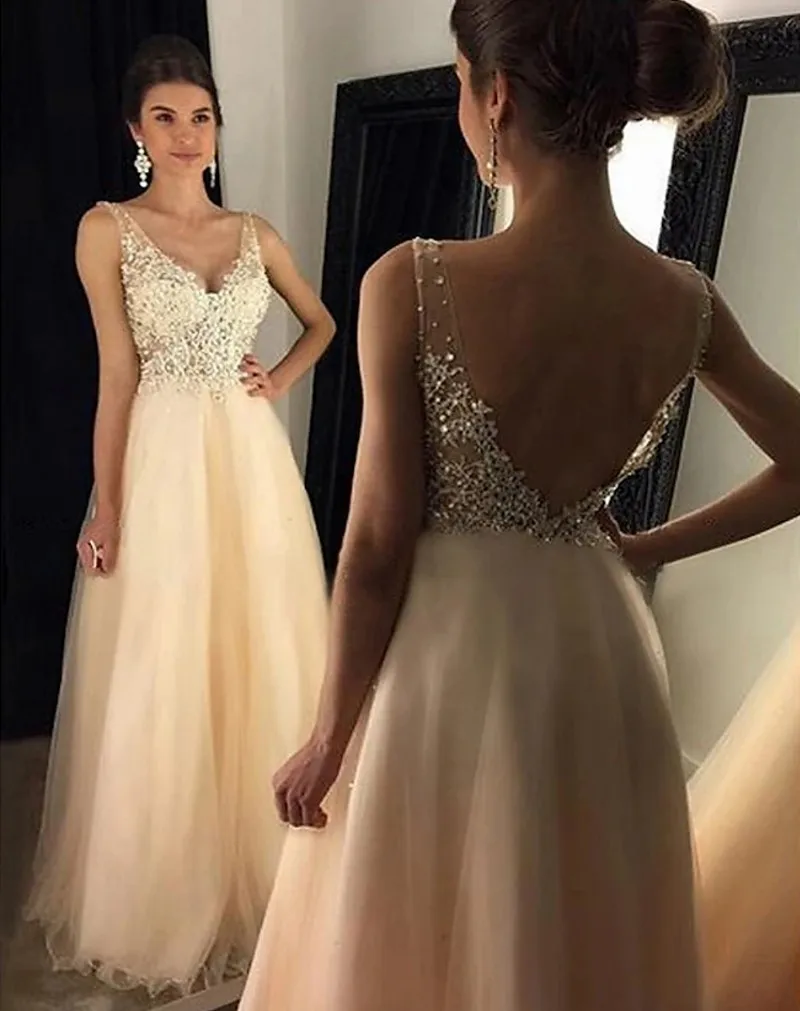 A-line Champagne Prom Party Dress 2023 V Neck Tulle Backless Beading Appliques Lace Pageant Evening Formal Gown Robe De Soriee