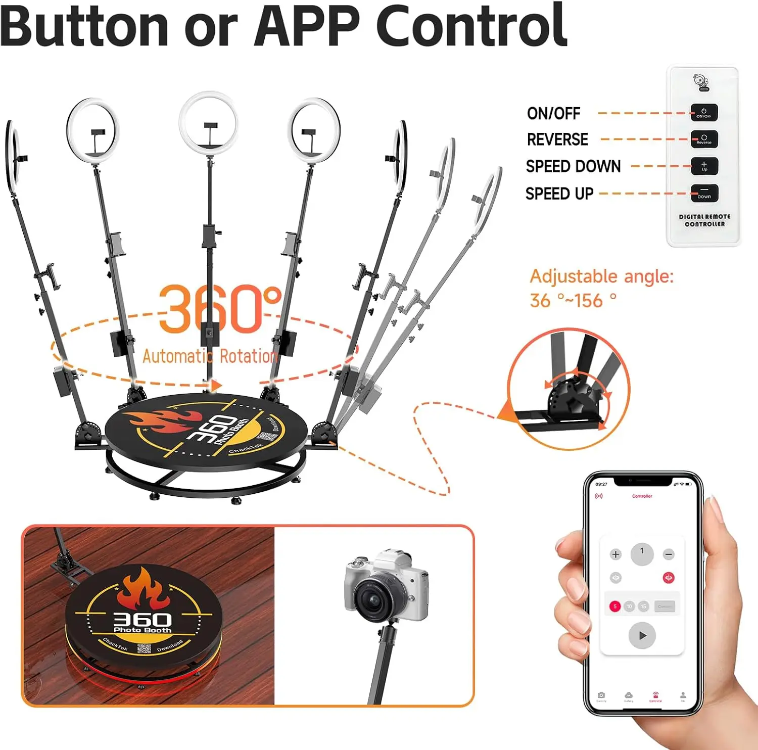 كابينة تصوير CHACKTOK 360 للحفلات |   كاميرا دوارة مع التحكم في التطبيق وتخصيص الشعار |   جهاز التحكم عن بعد التلقائي