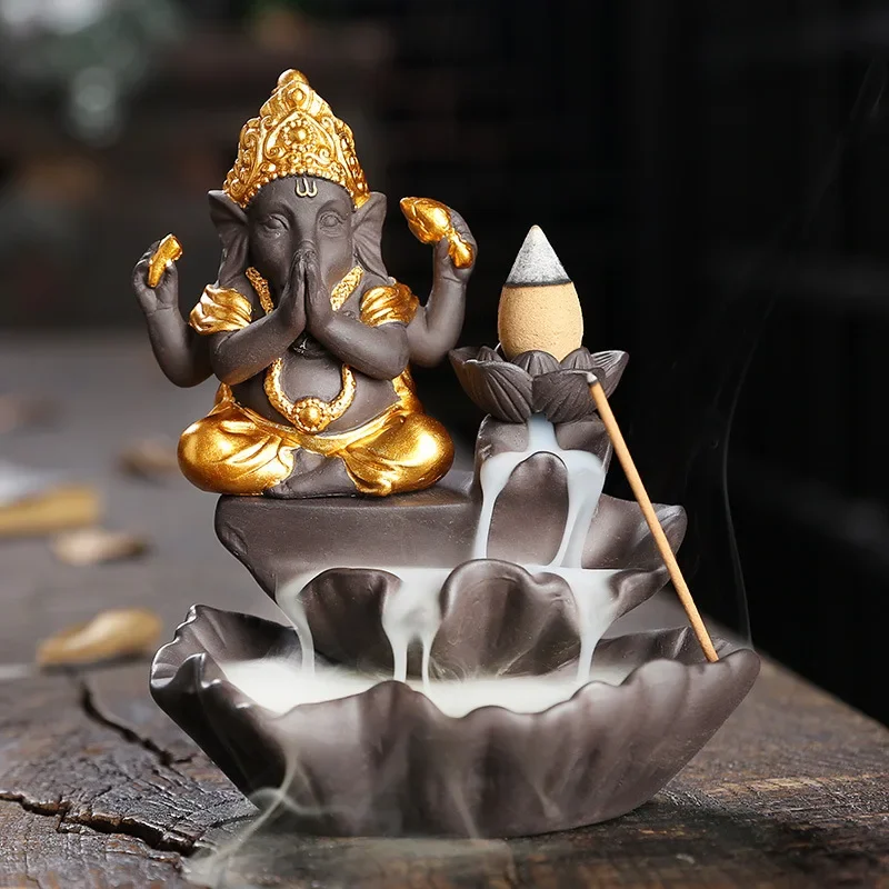 Handicrafts Lucky Ganesha Elephant Waterfall Backflow Incense Burner Home Decor Incense Stick Holder Lotus Censer (No Incense)