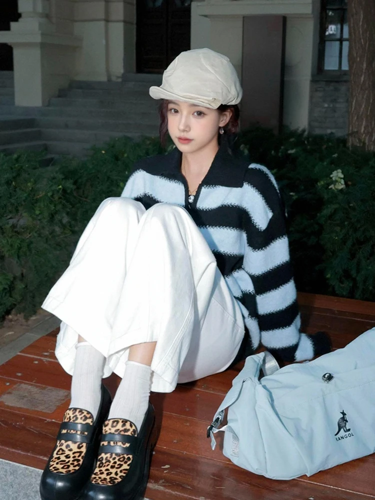 Suéter de Punto con Cuello a Rayas Retro para Mujer, Ropa de Abrigo de Otoño e Invierno, Estilo Holgado y Elegante, Talla Pequeña