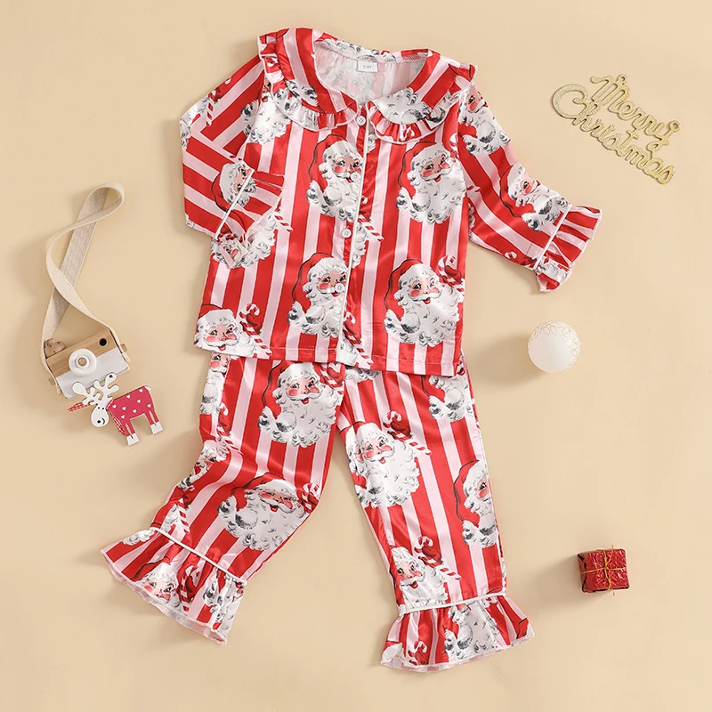 Little Girl Christmas Pajama Sets Santa Striped Doll Collar Button-up Tops Long Pant Ruffled Loungewear Set