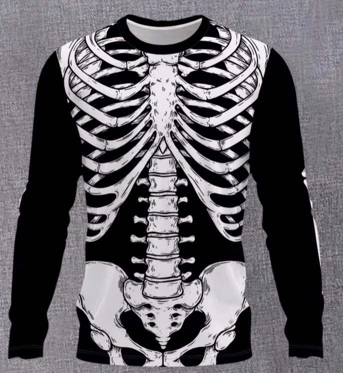 Unisex Skeleton Print Long Sleeve T-shirt, Black White Human Bone Graphic Halloween Casual Streetwear Tops