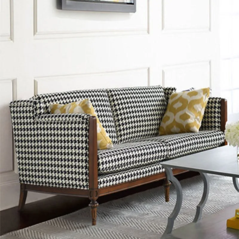 American solid wood sofa French retro thousand bird grid fabric single three-person sofa simple small apartment living room comb
