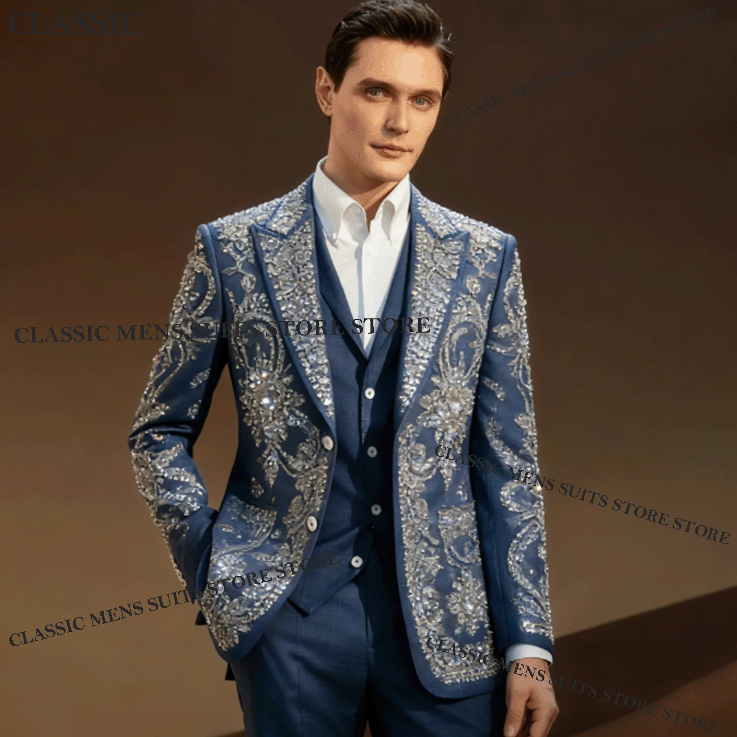Handmade Sequins Men Suits 3 Pieces Set Male Party Blazers Customized Fashion Groom Wedding Tuxedos Slim Crystal Costume Homme