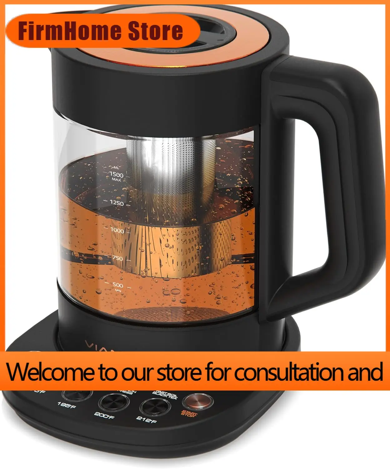 FirmHome StoreElectric Tea Kettle With Infuser, 1.5L, Temperature Control, Auto Shut Off, Brewing Programs, Black