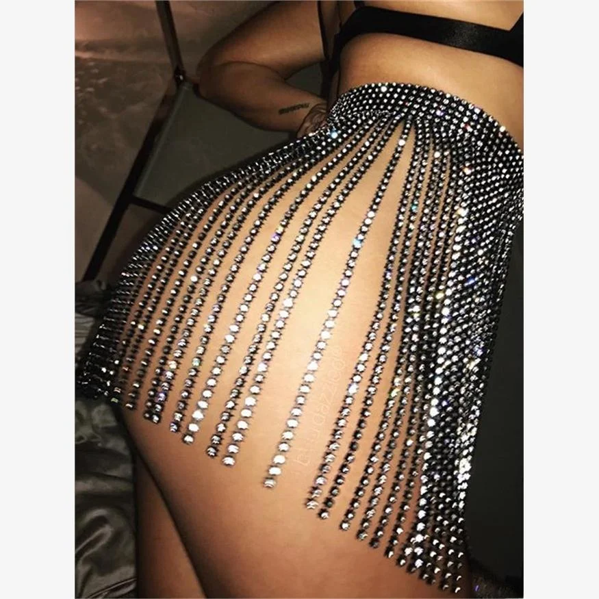 

2024 New Sexy Sparkling Diamond Tassel f Skirt for Women Street Sle High Waist A-Line Skirt for Music Festival
