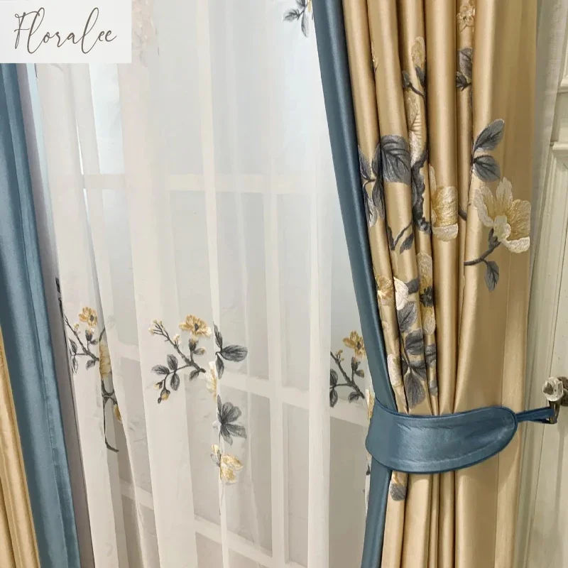 New Chinese Style Gold And Blue Embroidered Window Tulle Curtains For Living Room Bedroom Splicing Thickened Curtains Customized