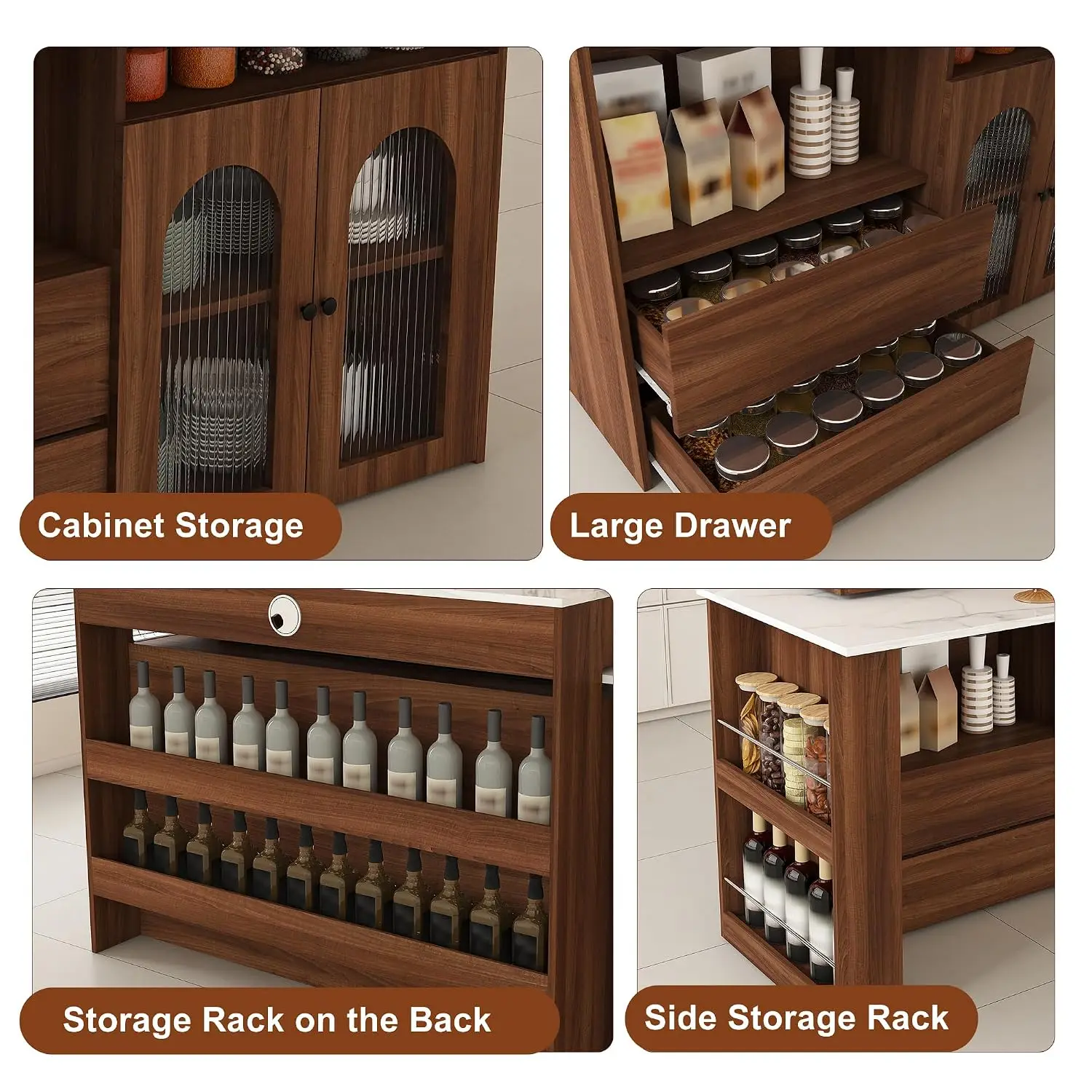 Extendable Rotating Kitchen Island 4 Drawers Glass Cabinet Socket Expandable Dining Station Space Saving Cart, Customized