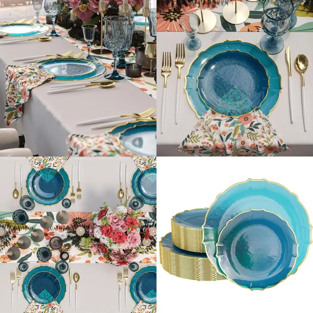 

80-Piece Disposable Plastic Party Plates Set: 40 Dessert & 40 Dinner Plates with Gold Peacock Rim for 40 Guests