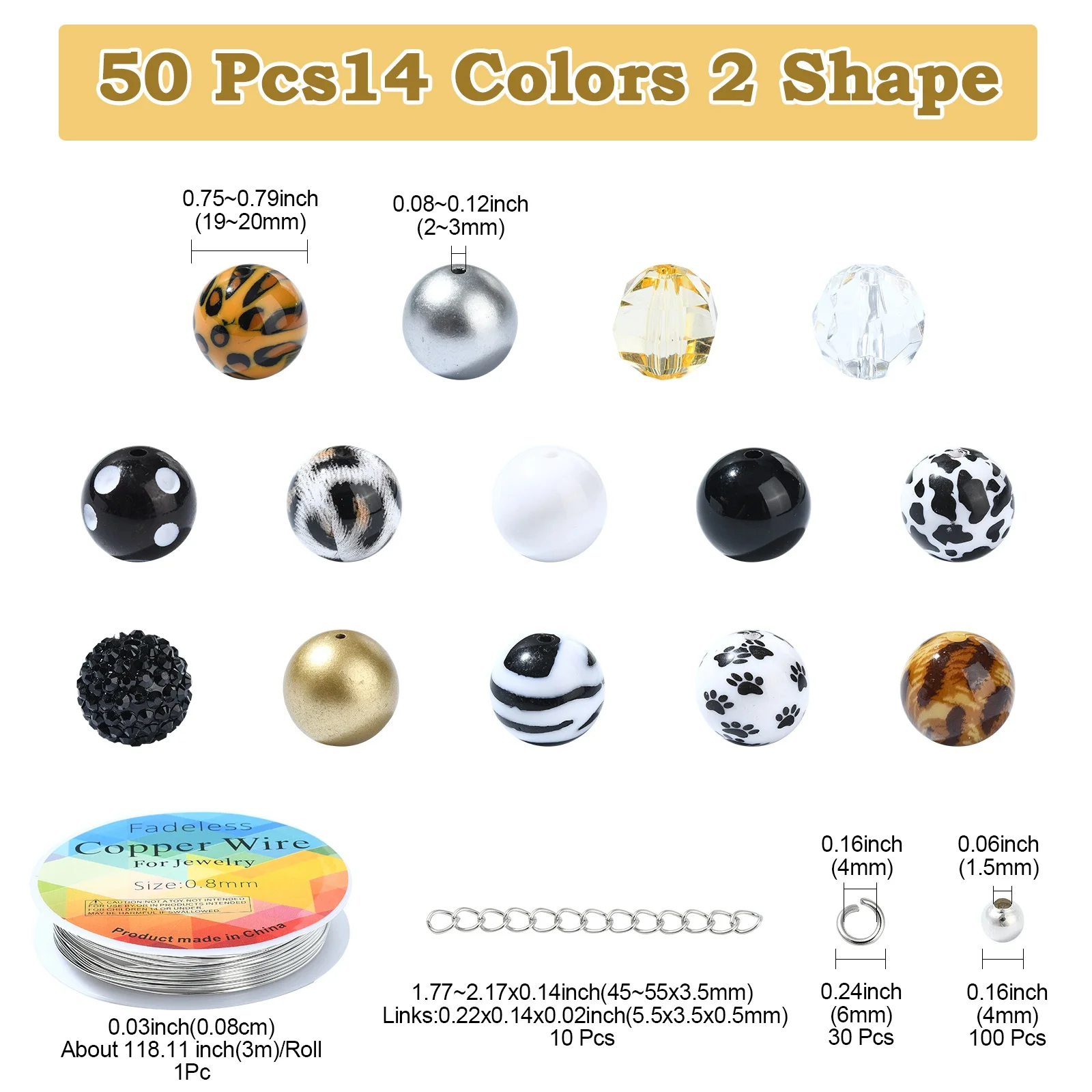 Pandahall 50Pcs Random 20mm Chunky Bubblegum Beads Wild Animal Printed Beads Large Round Ball Beads for Jewelry Making DIY