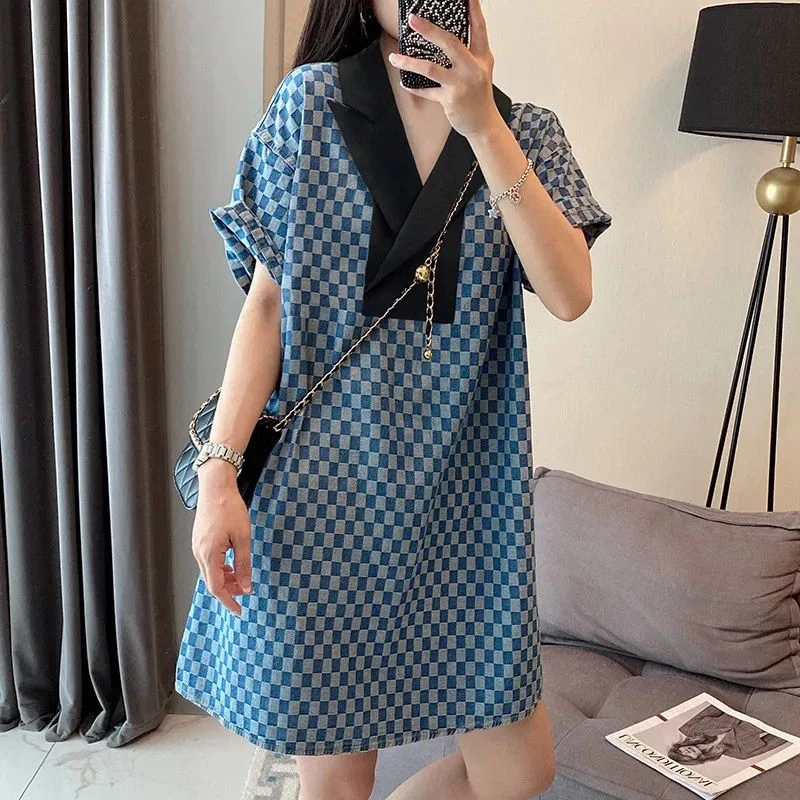 Summer Women Checkerboard Print Patchwork Chic Y2K Streetwear Midi Dress Korean Style V Neck Short Sleeve Loose Dresses Vestidos