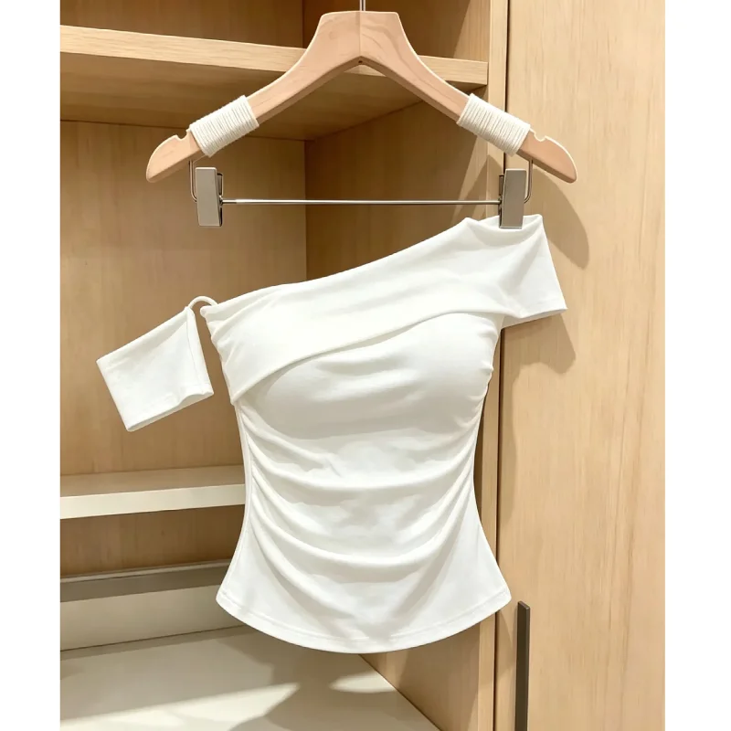 Sexy Asymmetrical Shoulder Tube Top Vest Women's Summer Pleated Slim Sweet Girl Top Eye-Catching Fashionable Casual Wear