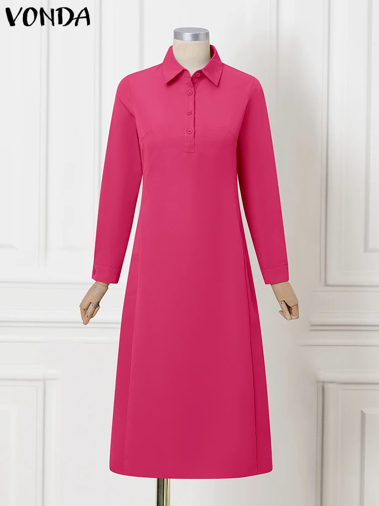 2025 Vestidos camiseros largos elegantes para mujer VONDA, Vestidos largos lisos con cuello de solapa de manga larga, Vestidos de otoño con botones y bolsillos, bata de fiesta para mujer