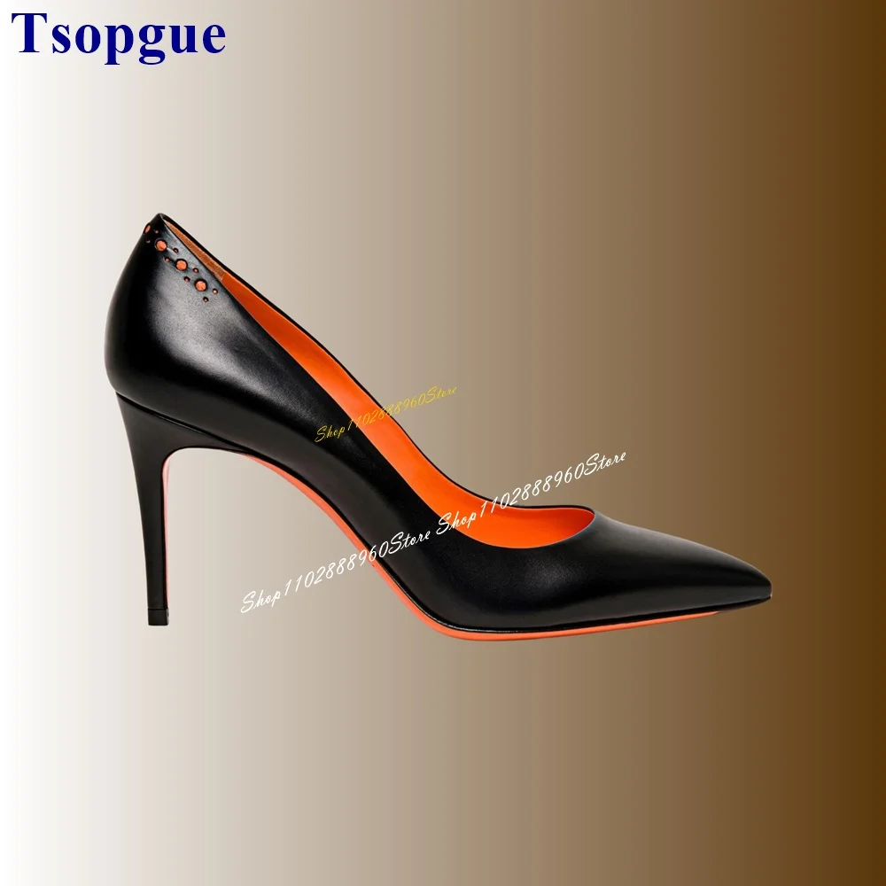 Trending Black Shallow Orange Sole Pumps Thin High Heel Shoes For Women Slip On Pointed Toe 2024 Fashionable Zapatos Para Mujere