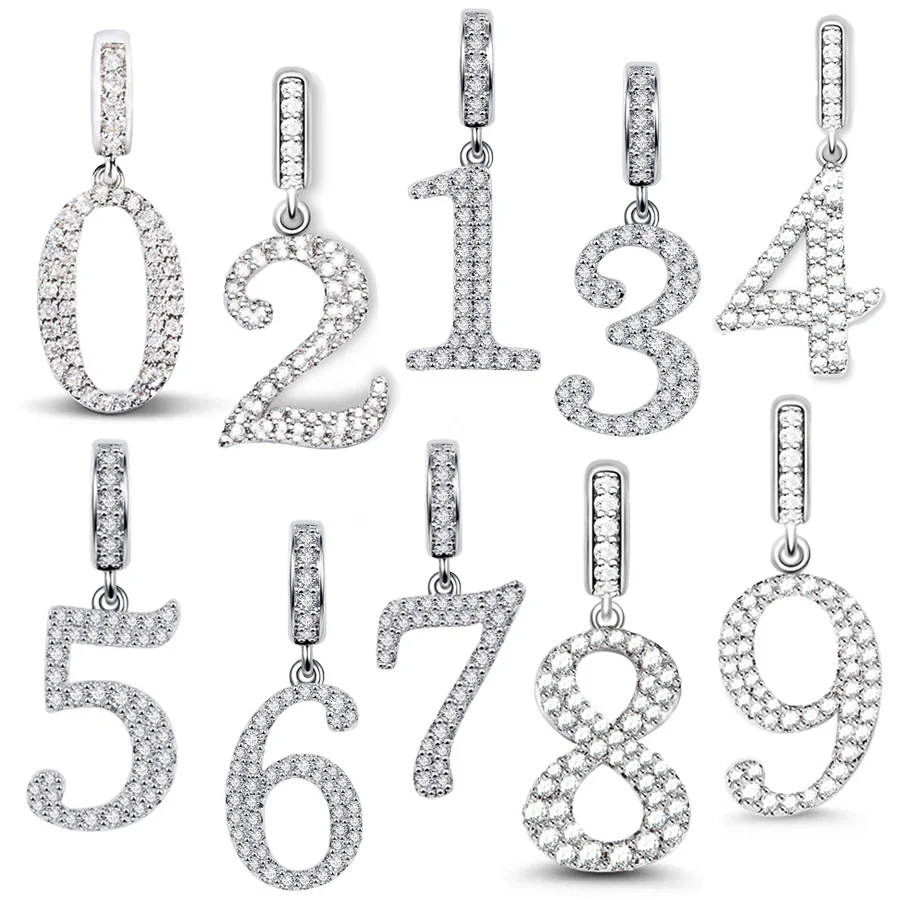 NEW Sparkling 0—9 Arabic Numerals Pendant Dangle Charm Bead Fit Original 925 Sterling Silver Pan Bracelet DIY Women Jewelry Gift