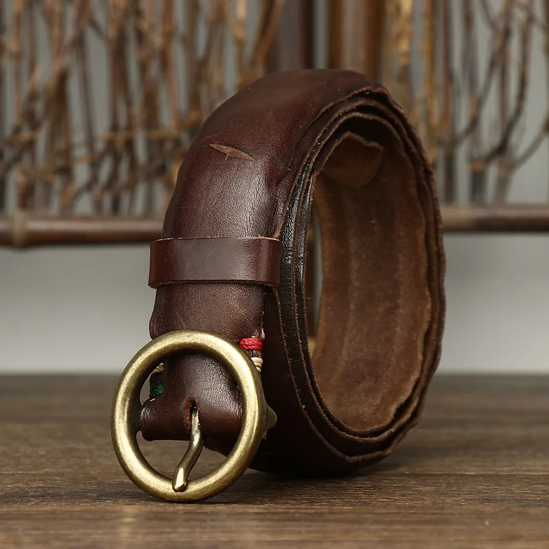 幅広ヘッドレイヤー純牛革ベルト-メンズ本革ファッション銅バックル丸型バックルウエストベルト-レディースユーススタイル